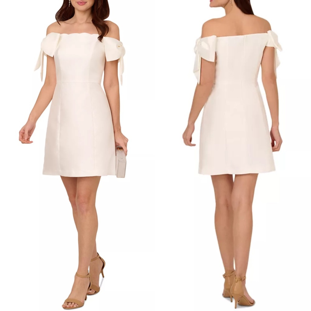 NEW Adrianna Papell WHITE Sateen Off The Shoulder BOW SLEEVE Mini BRIDAL DRESS